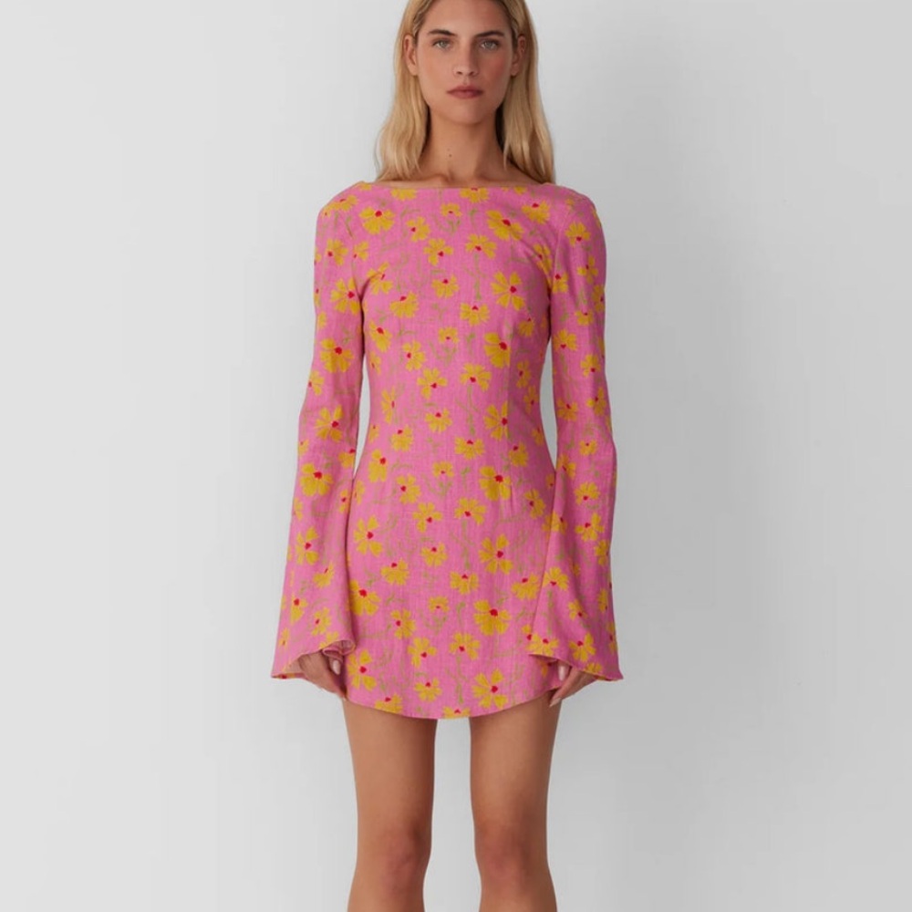 Wolf Gang Medium Marli Mini Dress Candy Floral Pink Flare Sleeve 60s 70s